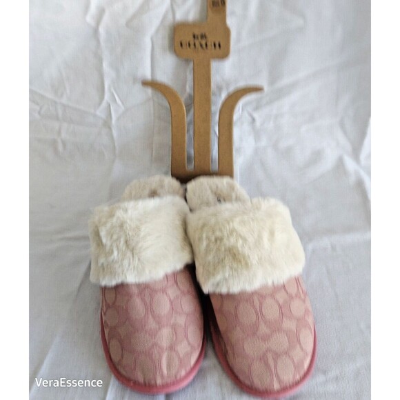 Coach Ziva Slippers Signature Jacquard Faux Fur Size 10B Pink NWT - Picture 1 of 8